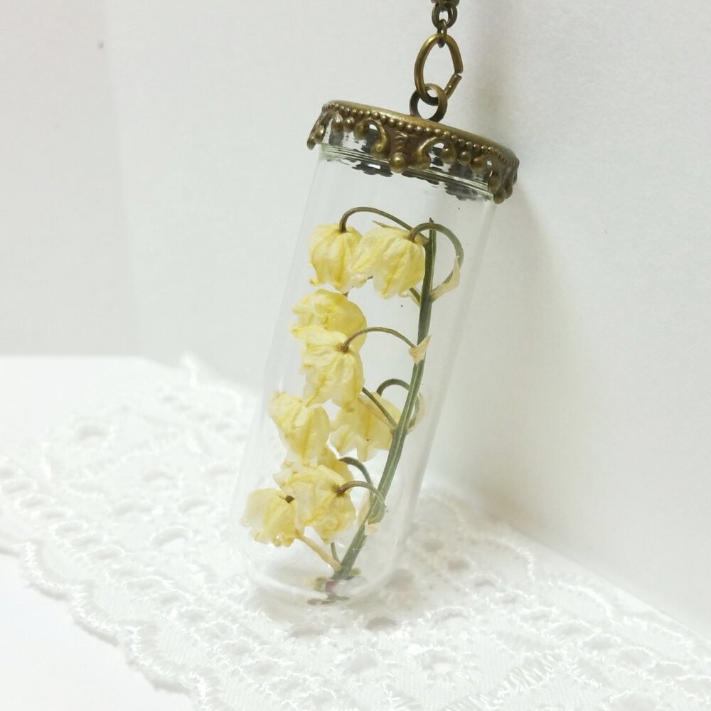 Lily of the valley flower Necklace white Flower charm pressed flower jewelry